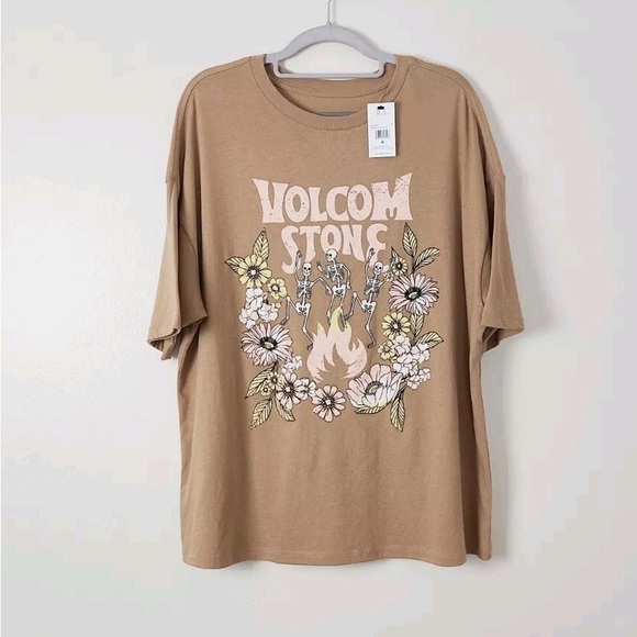 Volcom Stone Women's Brown Graphic Tee - Oversized T-Shirt Floral & Skeletons - Picture 4 of 4